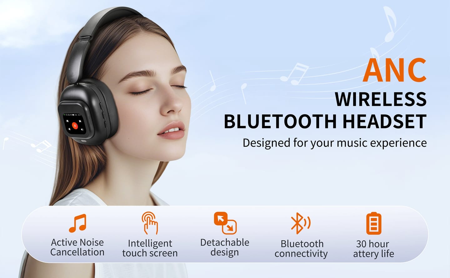 JUNYE JY-BN618 bluetooth Hybrid ANC headphones with touchscreen from oem factory