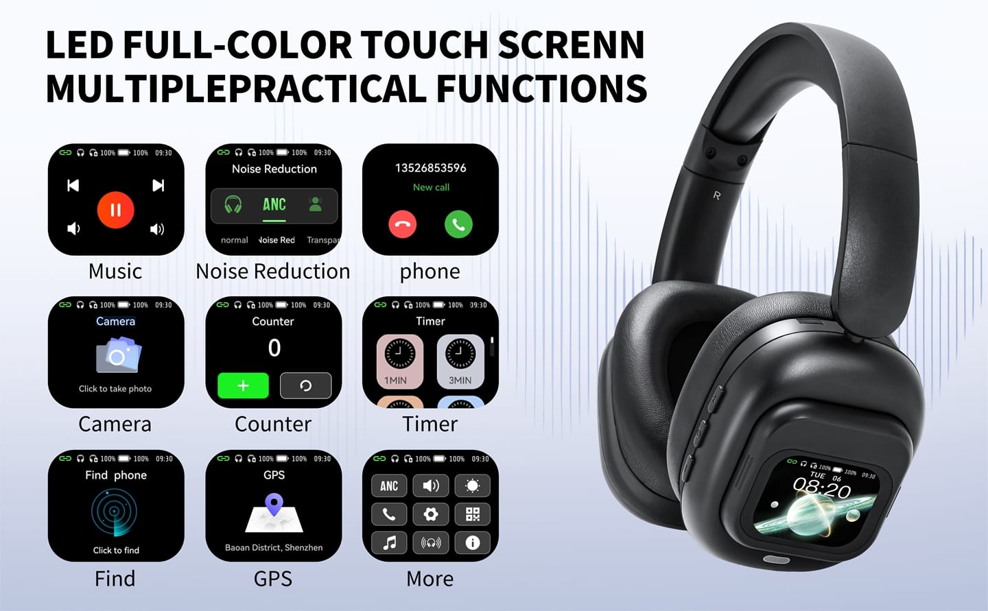 JUNYE JY-BN618 bluetooth headphones with active noise cancellation and lcd touchscreen from oem factory