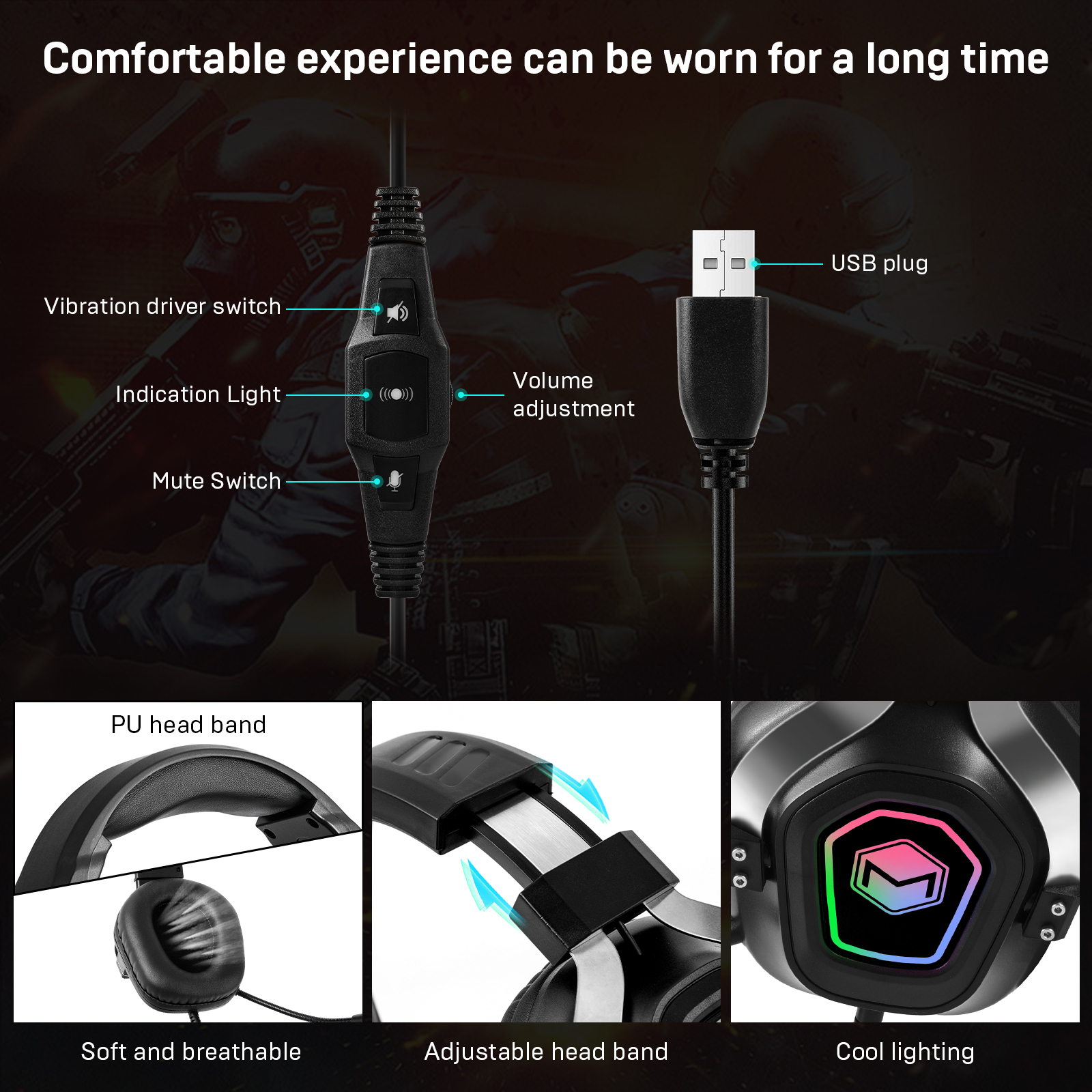 JUNYE JY-M506 Immersive RGB Wired Gaming Headset 7.1 sound card from oem factory
