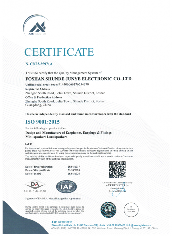 Junye Electronic co ltd headphones earphones OEM factory iso 9001 certification