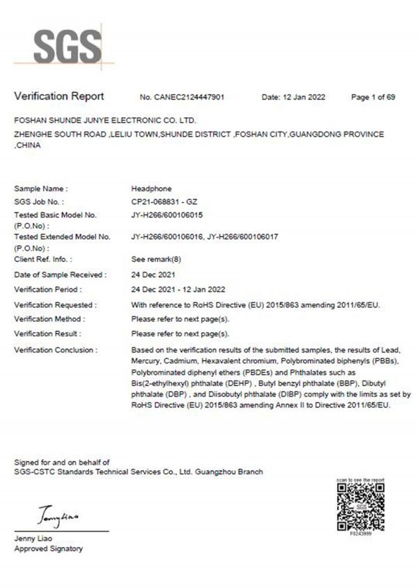 Junye Electronic co ltd headphones earphones OEM factory ROHS certification