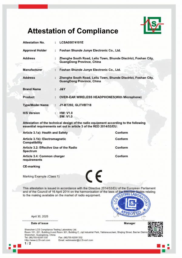Junye Electronic co ltd headphones earphones OEM factory CE certification