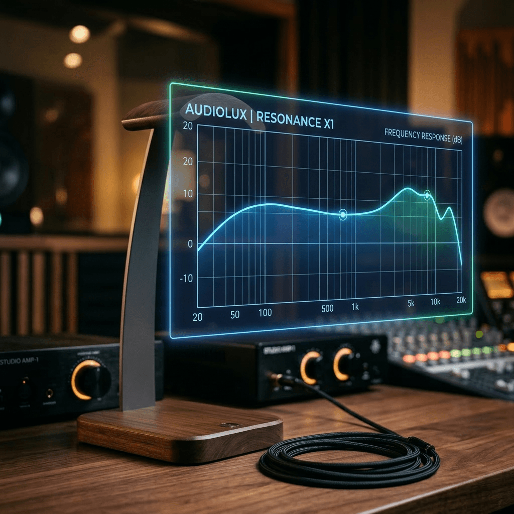 headphones on wooden stand displaying frequency response graph